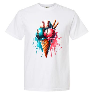 Baseball Ice Cream Watercolor Sports Lover Ice Cream Cone Garment-Dyed Heavyweight T-Shirt