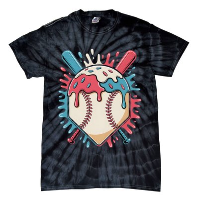 Baseball Ice Cream Dripping Baseball Home Plate Drip Tie-Dye T-Shirt