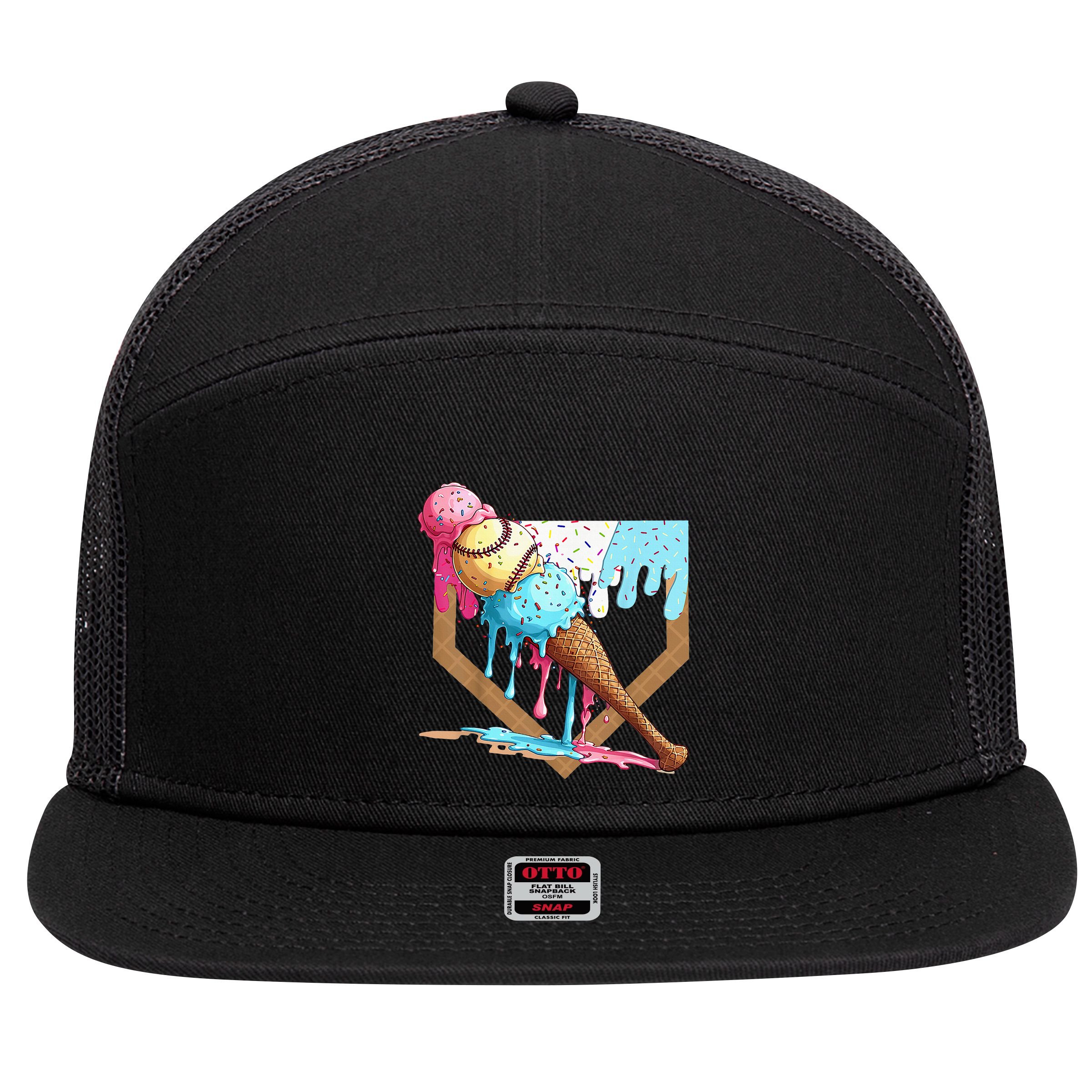 Baseball Ice Cream Dripping Drip 7 Panel Mesh Trucker Snapback Hat