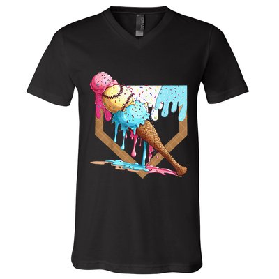 Baseball Ice Cream Dripping Drip V-Neck T-Shirt