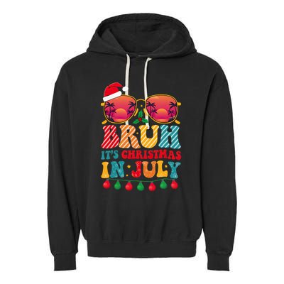 Bruh ItS Christmas In July Vintage Summer Santa Sunglasses Garment-Dyed Fleece Hoodie