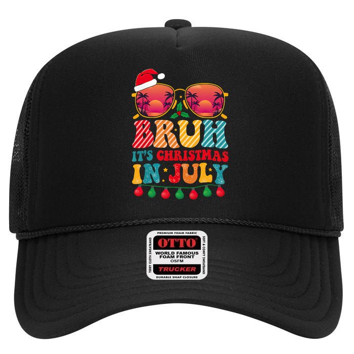 Bruh ItS Christmas In July Vintage Summer Santa Sunglasses High Crown Mesh Back Trucker Hat