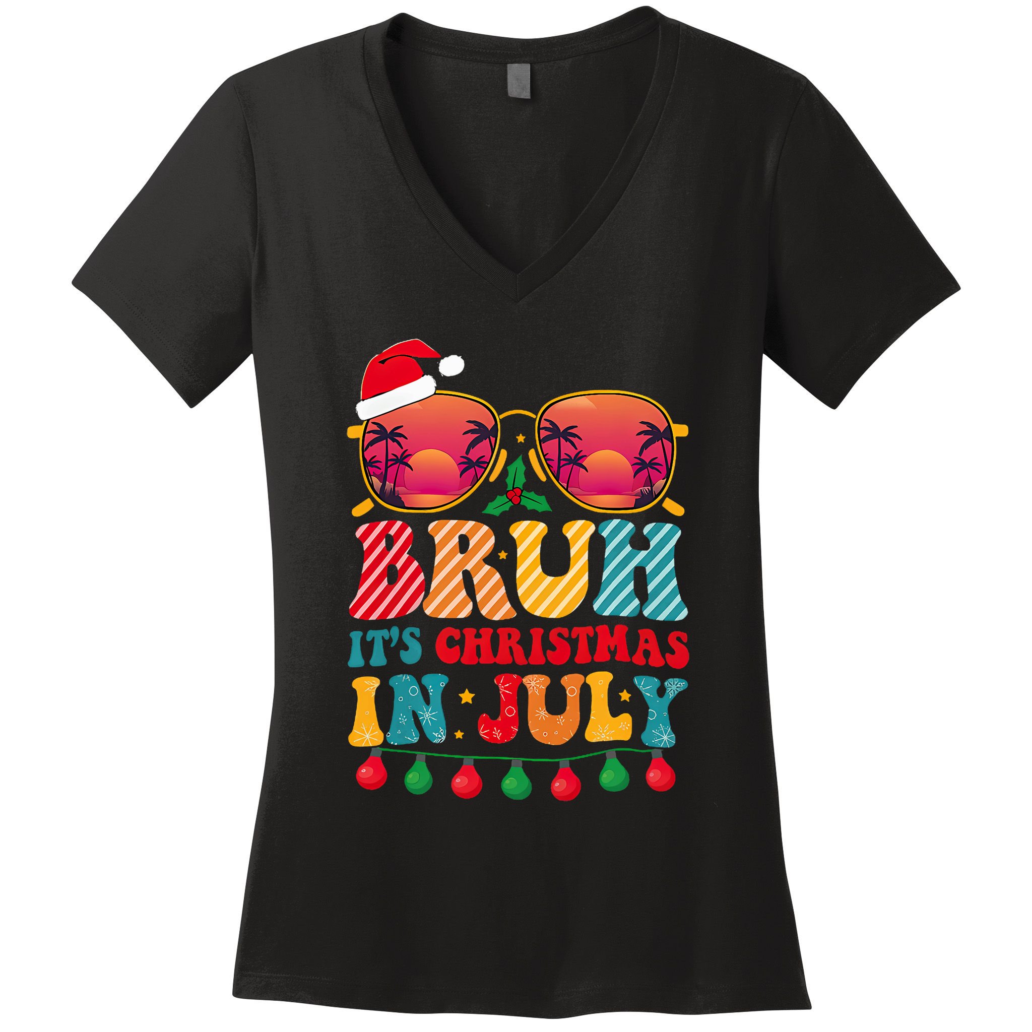 Bruh ItS Christmas In July Vintage Summer Santa Sunglasses Women's V-Neck T-Shirt