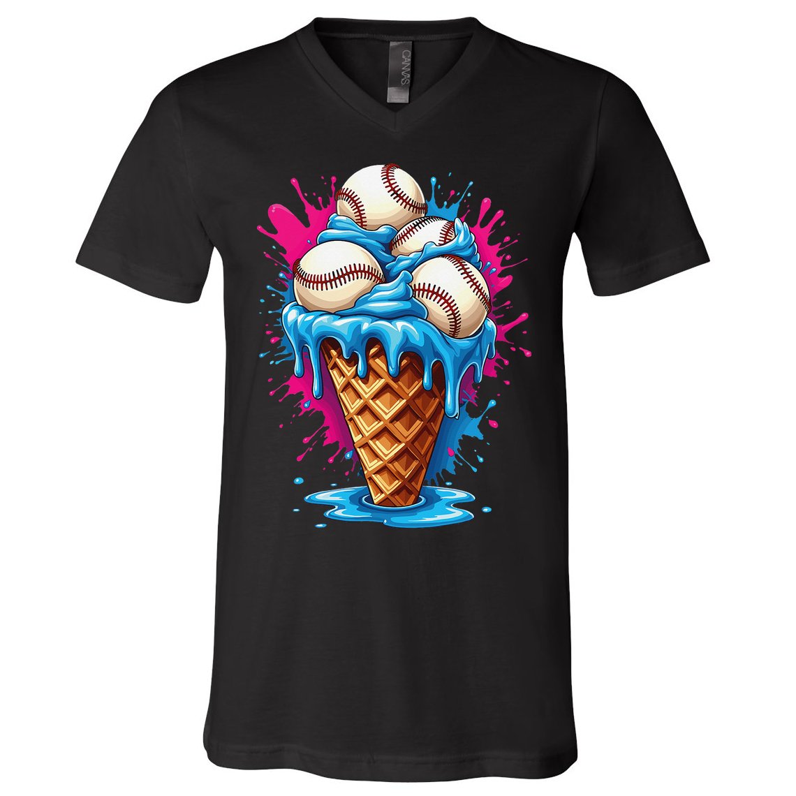 Baseball Ice Cream Funny Ice Cream Baseball  Watercolor Gift V-Neck T-Shirt