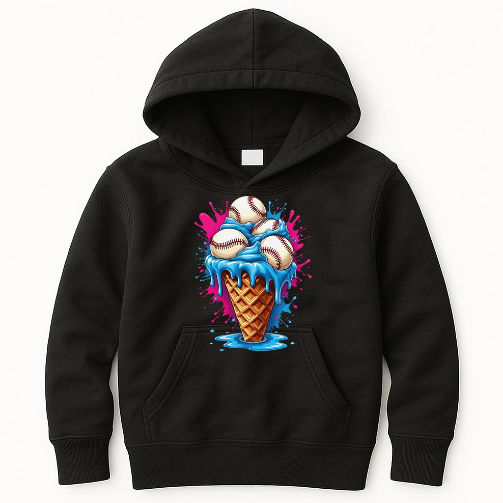 Baseball Ice Cream Funny Ice Cream Baseball  Watercolor Gift Kids Hoodie