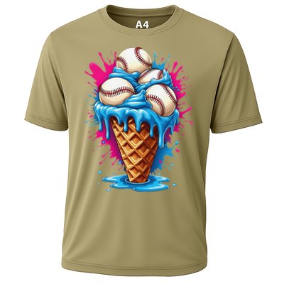 Baseball Ice Cream Funny Ice Cream Baseball  Watercolor Gift Cooling Performance Crew T-Shirt