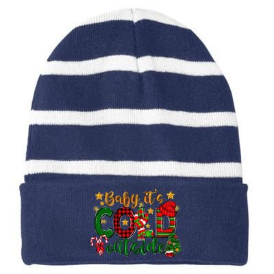 Baby ItS Cold Outside Buffalo Plaid Christmas Matching Striped Beanie with Solid Band