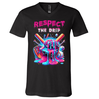 Baseball Ice Cream Drip Respect The Drip Gift V-Neck T-Shirt