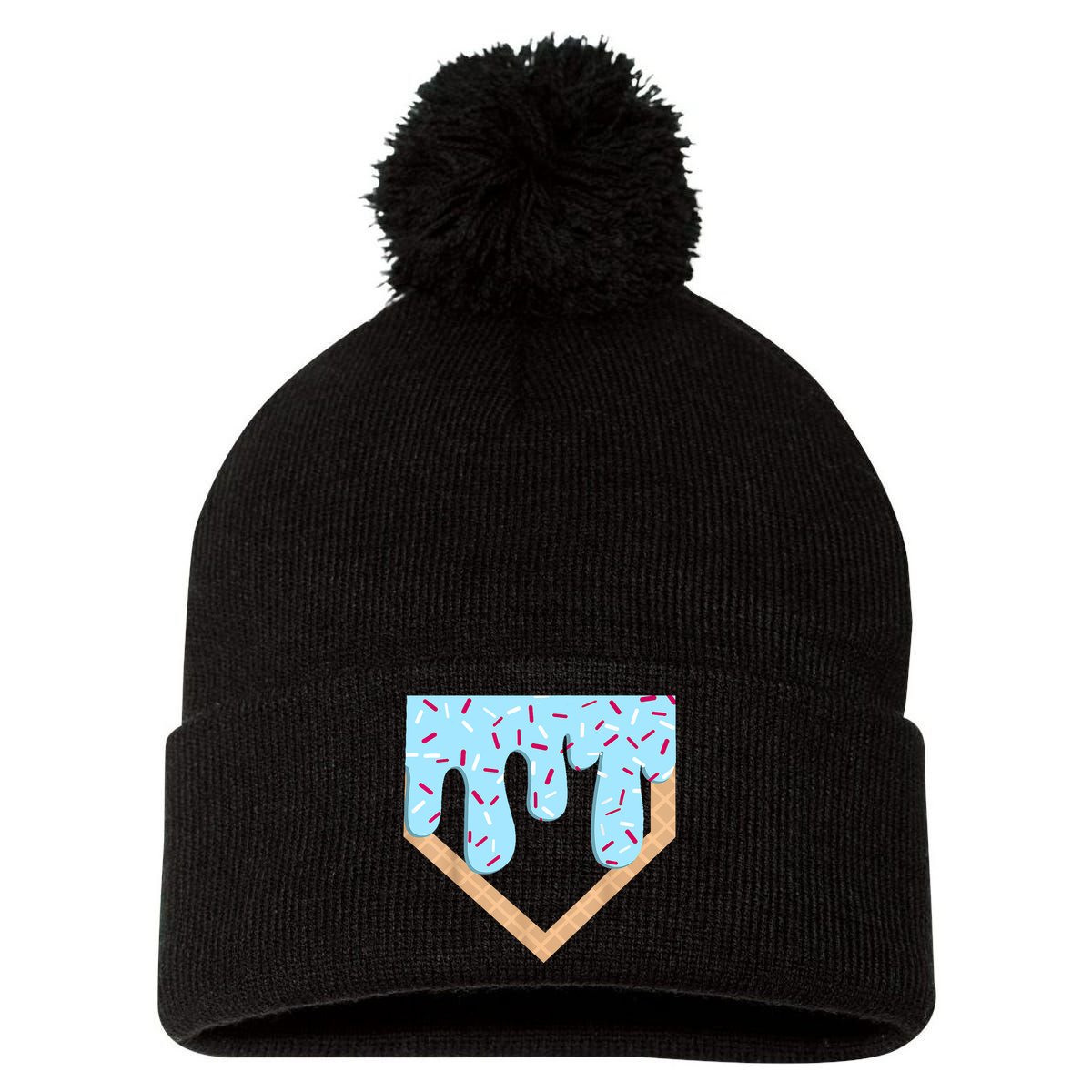 Baseball Ice Cream Dripping Baseball Home Plate Drip  Pom Pom 12in Knit Beanie