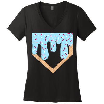 Baseball Ice Cream Dripping Baseball Home Plate Drip  Women's V-Neck T-Shirt