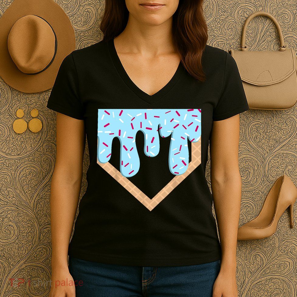Baseball Ice Cream Dripping Baseball Home Plate Drip  Women's V-Neck T-Shirt
