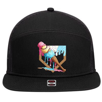 Baseball Ice Cream Dripping Baseball Home Plate Drip 7 Panel Mesh Trucker Snapback Hat