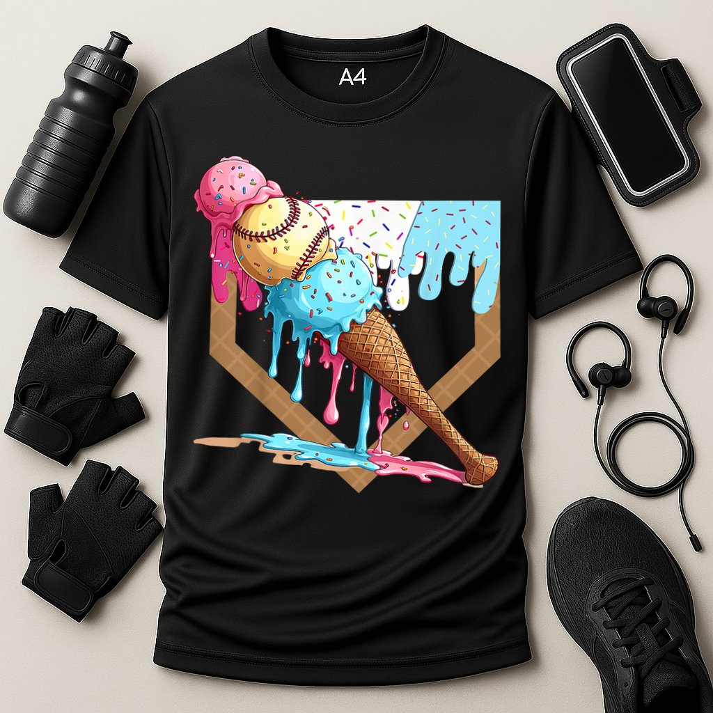 Baseball Ice Cream Dripping Baseball Home Plate Drip Cooling Performance Crew T-Shirt