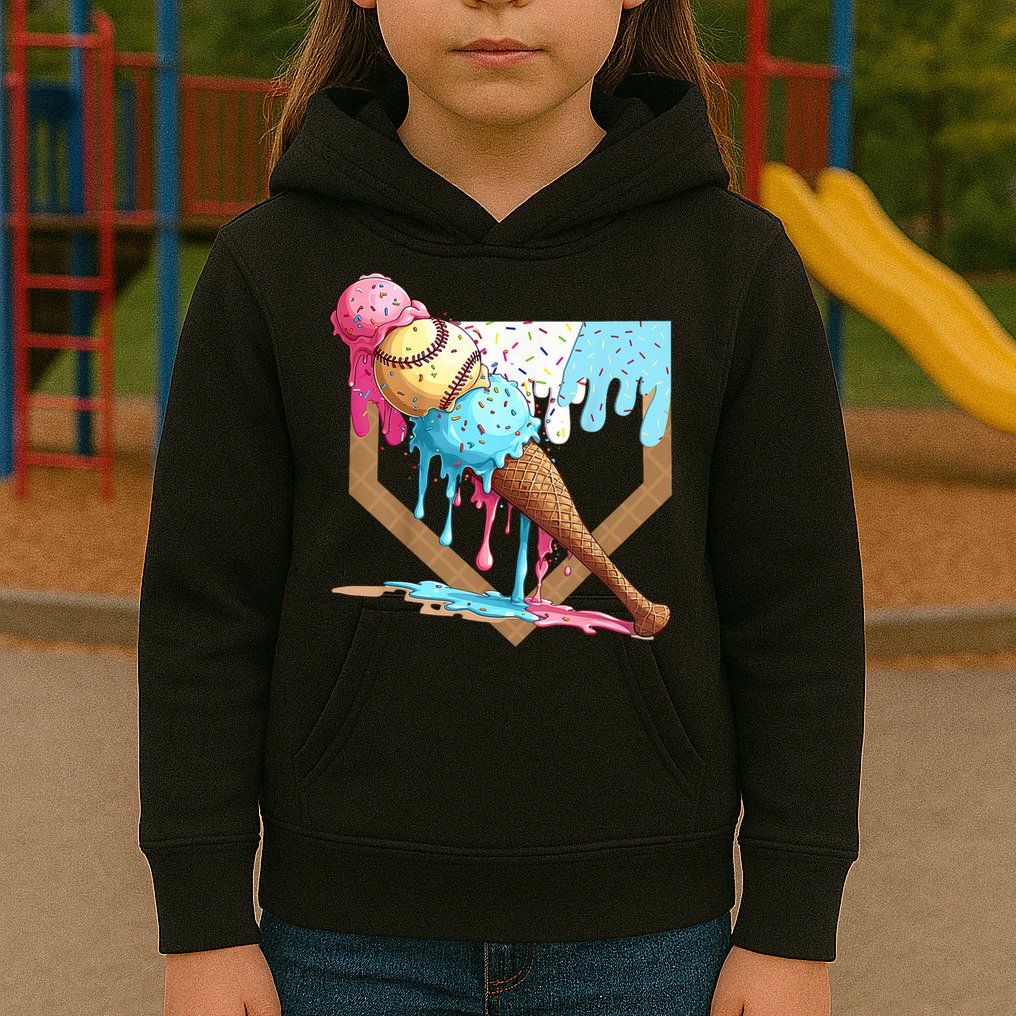 Baseball Ice Cream Dripping Baseball Home Plate Drip Kids Hoodie