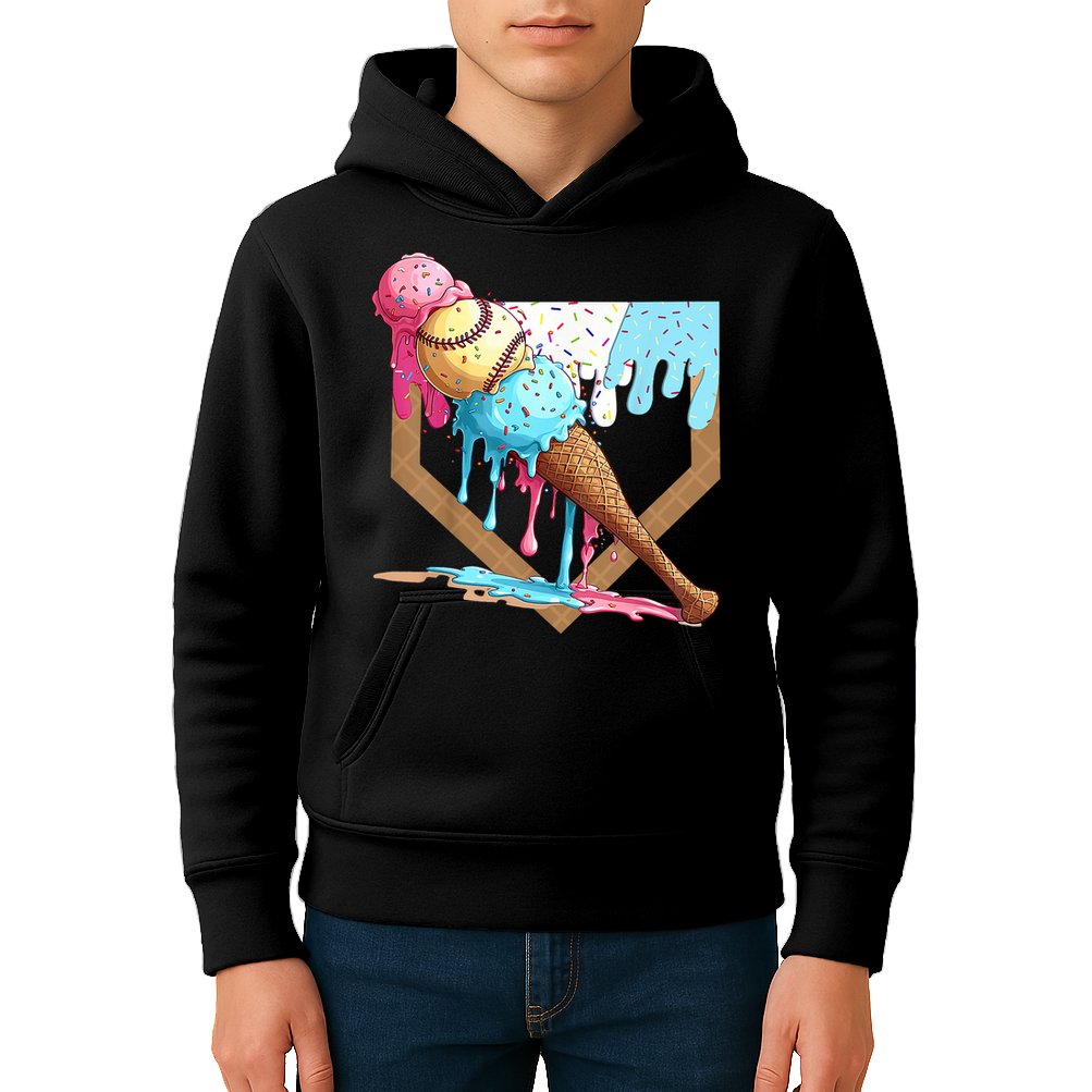 Baseball Ice Cream Dripping Baseball Home Plate Drip Kids Hoodie