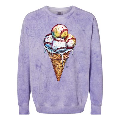 Baseball Ice Cream Watercolor Sports Lover Ice Cream Cone Colorblast Crewneck Sweatshirt