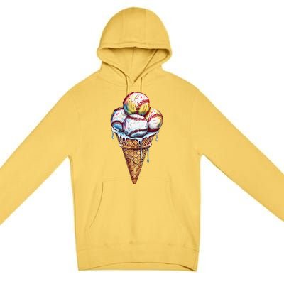 Baseball Ice Cream Watercolor Sports Lover Ice Cream Cone Premium Pullover Hoodie