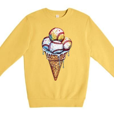 Baseball Ice Cream Watercolor Sports Lover Ice Cream Cone Premium Crewneck Sweatshirt