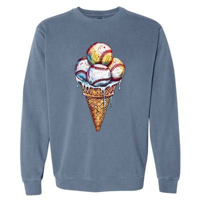 Baseball Ice Cream Watercolor Sports Lover Ice Cream Cone Garment-Dyed Sweatshirt