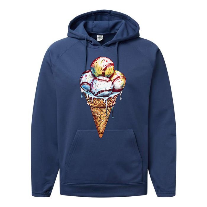 Baseball Ice Cream Watercolor Sports Lover Ice Cream Cone Performance Fleece Hoodie