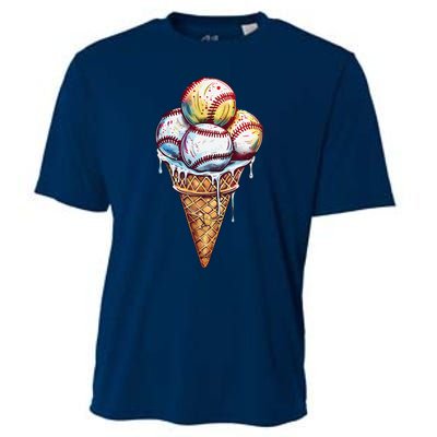 Baseball Ice Cream Watercolor Sports Lover Ice Cream Cone Cooling Performance Crew T-Shirt