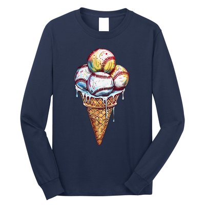 Baseball Ice Cream Watercolor Sports Lover Ice Cream Cone Long Sleeve Shirt