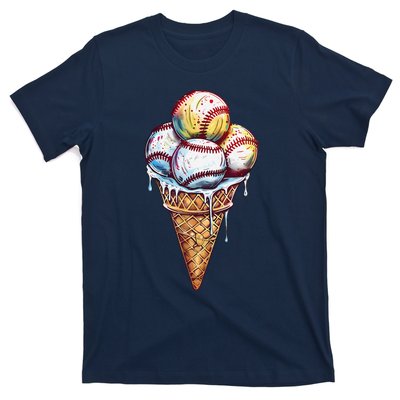 Baseball Ice Cream Watercolor Sports Lover Ice Cream Cone T-Shirt