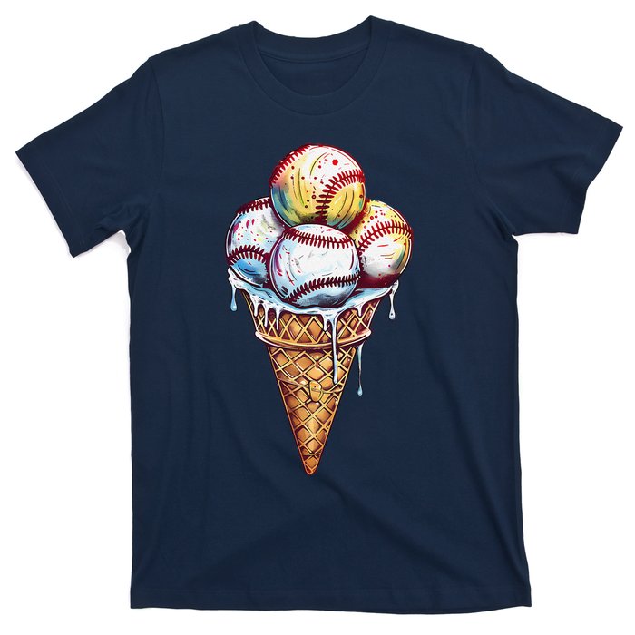 Baseball Ice Cream Watercolor Sports Lover Ice Cream Cone T-Shirt