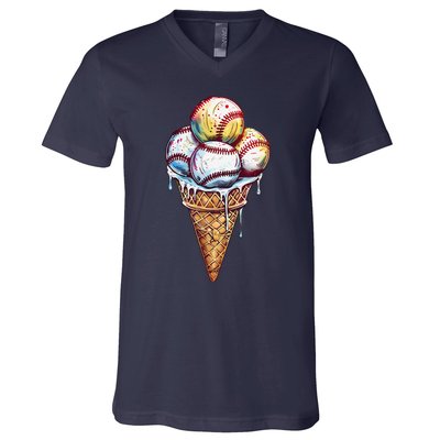 Baseball Ice Cream Watercolor Sports Lover Ice Cream Cone V-Neck T-Shirt