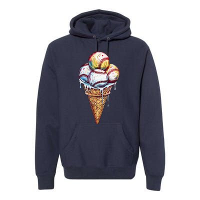 Baseball Ice Cream Watercolor Sports Lover Ice Cream Cone Premium Hoodie