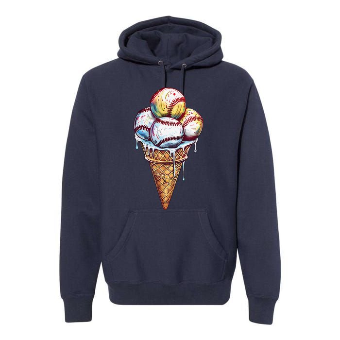 Baseball Ice Cream Watercolor Sports Lover Ice Cream Cone Premium Hoodie