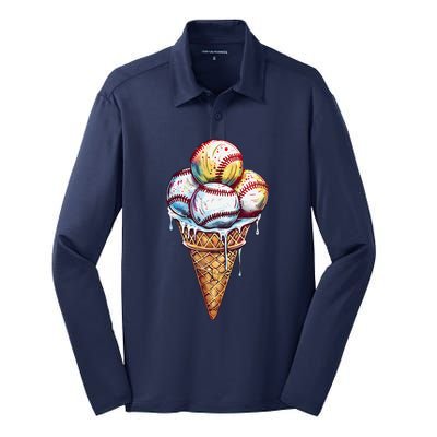 Baseball Ice Cream Watercolor Sports Lover Ice Cream Cone Silk Touch Performance Long Sleeve Polo