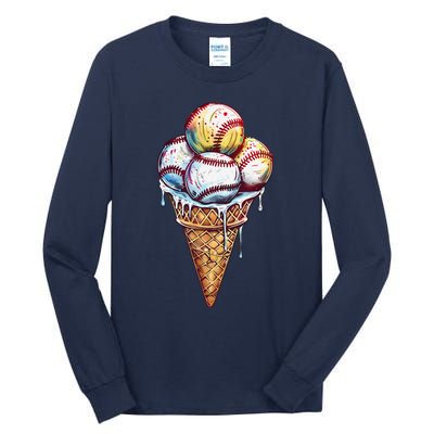 Baseball Ice Cream Watercolor Sports Lover Ice Cream Cone Tall Long Sleeve T-Shirt