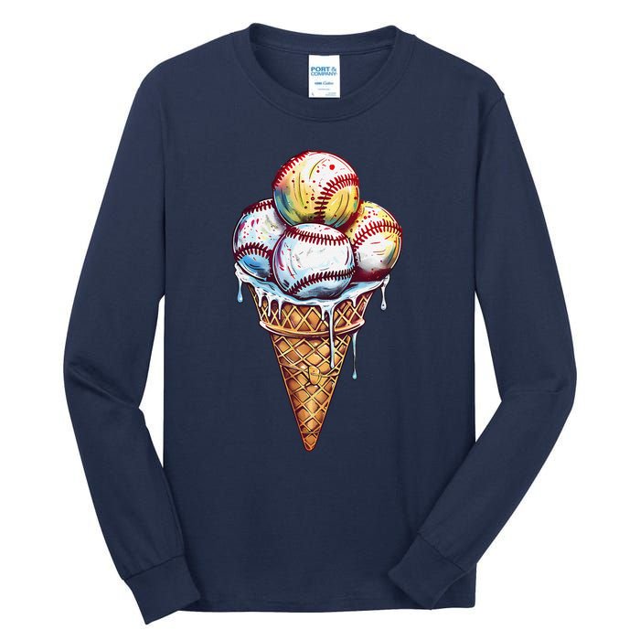 Baseball Ice Cream Watercolor Sports Lover Ice Cream Cone Tall Long Sleeve T-Shirt