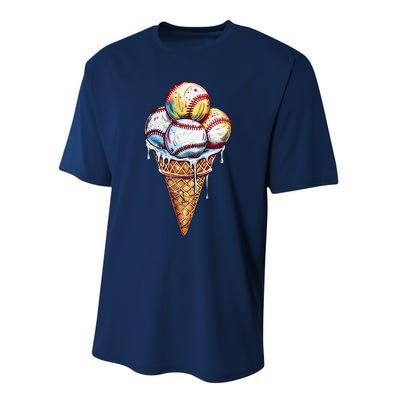 Baseball Ice Cream Watercolor Sports Lover Ice Cream Cone Performance Sprint T-Shirt