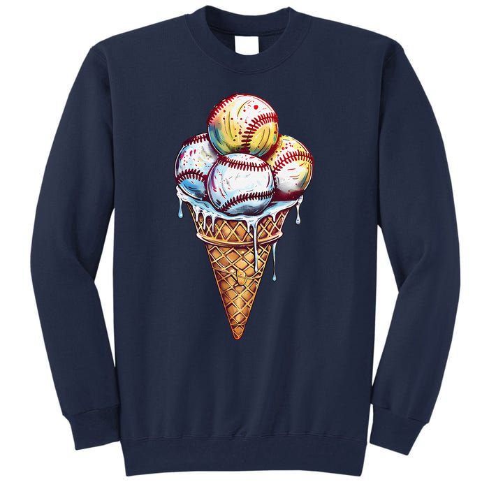 Baseball Ice Cream Watercolor Sports Lover Ice Cream Cone Tall Sweatshirt