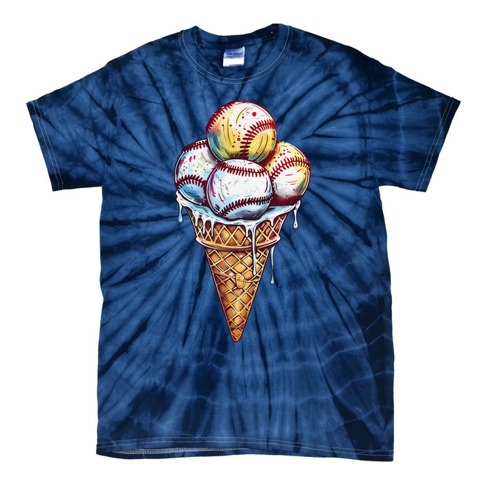 Baseball Ice Cream Watercolor Sports Lover Ice Cream Cone Tie-Dye T-Shirt