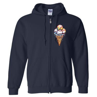 Baseball Ice Cream Watercolor Sports Lover Ice Cream Cone Full Zip Hoodie