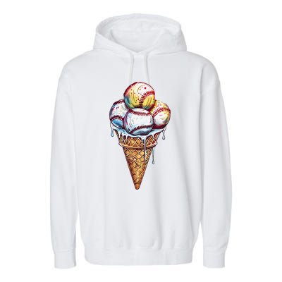 Baseball Ice Cream Watercolor Sports Lover Ice Cream Cone Garment-Dyed Fleece Hoodie