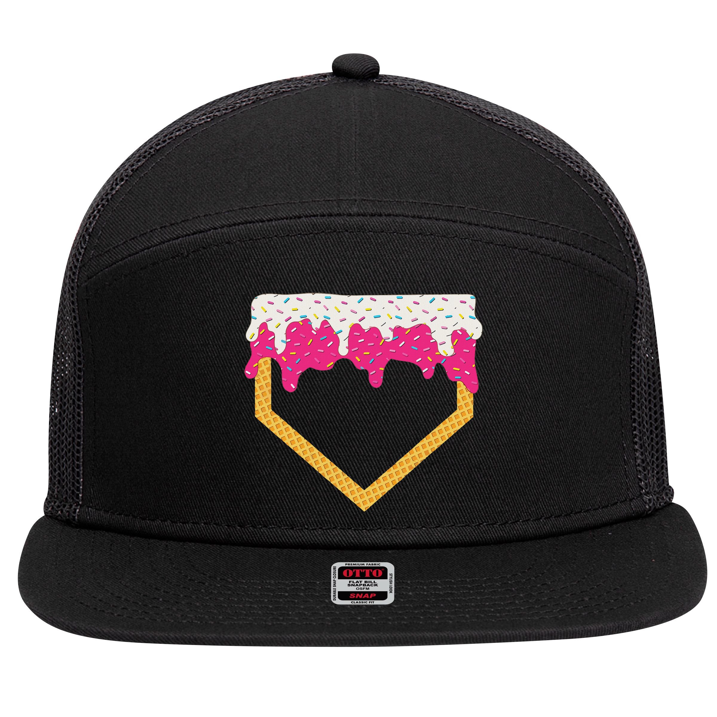 Baseball Ice Cream Dripping Drip 7 Panel Mesh Trucker Snapback Hat