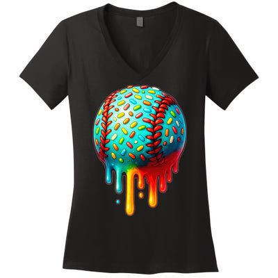 Baseball Ice Cream Dripping Baseball Home Plate Drip Women's V-Neck T-Shirt
