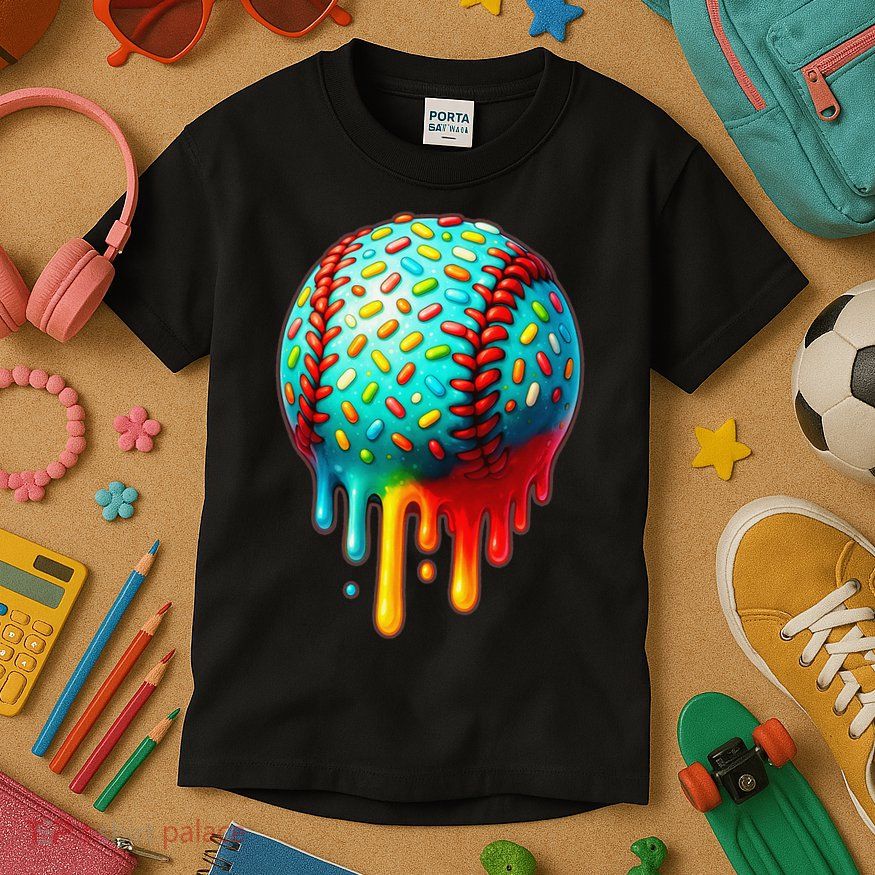 Baseball Ice Cream Dripping Baseball Home Plate Drip Kids T-Shirt