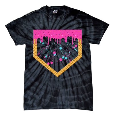 Baseball Ice Cream Dripping Baseball Home Plate Drip Tie-Dye T-Shirt