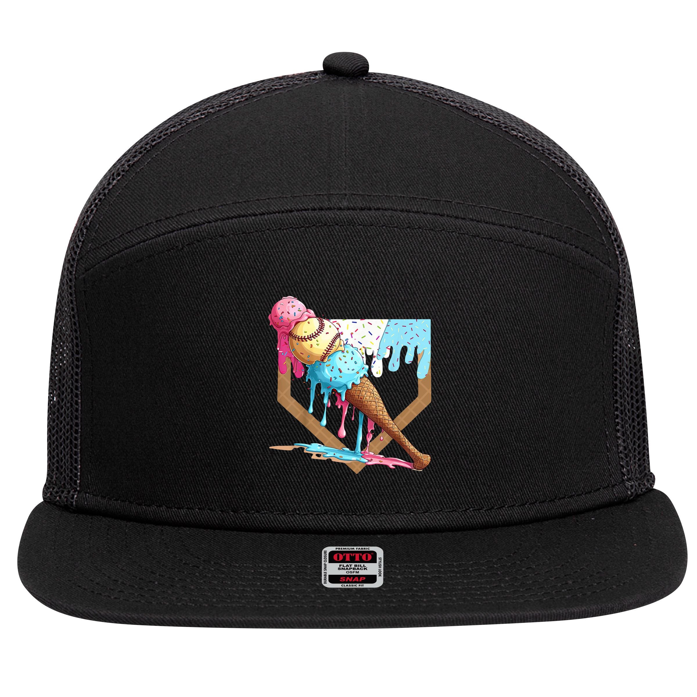 Baseball Ice Cream Dripping Home Plate 7 Panel Mesh Trucker Snapback Hat