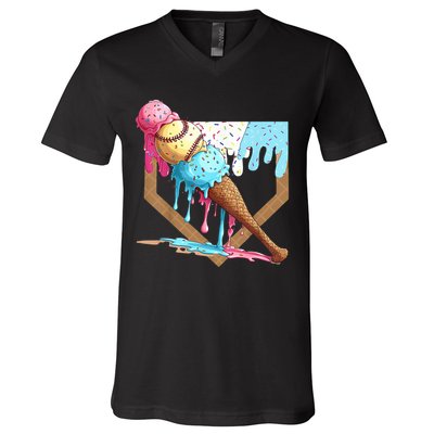 Baseball Ice Cream Dripping Home Plate V-Neck T-Shirt