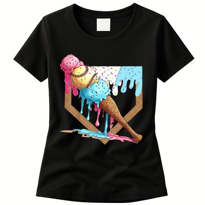 Baseball Ice Cream Dripping Home Plate Womens T-Shirt