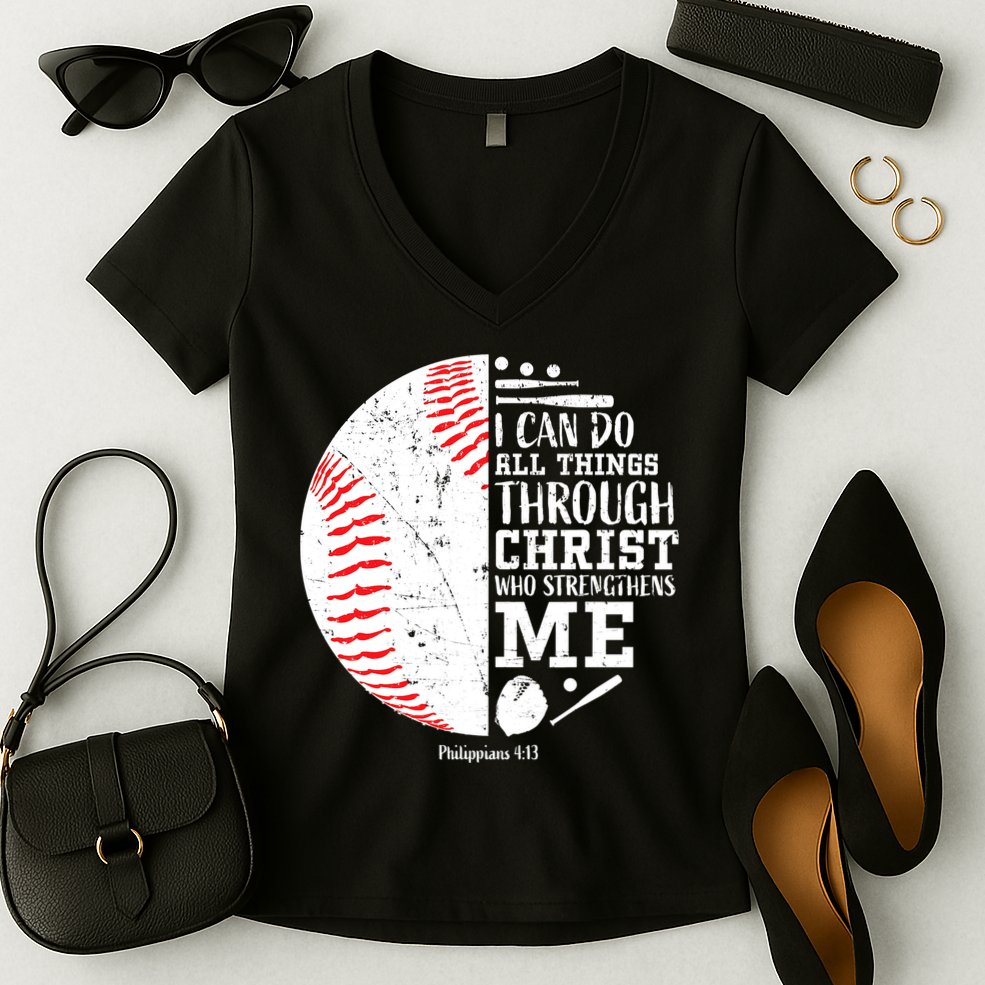 Baseball I Can Do All Thing Through Christ Who Strengthens Me Women's V-Neck T-Shirt