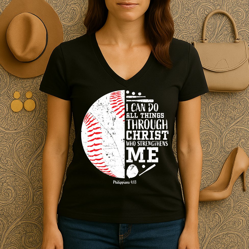 Baseball I Can Do All Thing Through Christ Who Strengthens Me Women's V-Neck T-Shirt