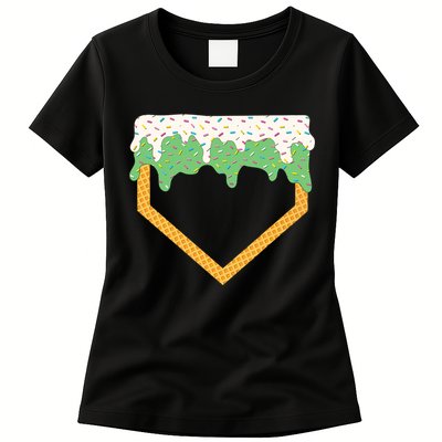 Baseball Ice Cream Dripping Baseball Home Plate Drip Womens T-Shirt