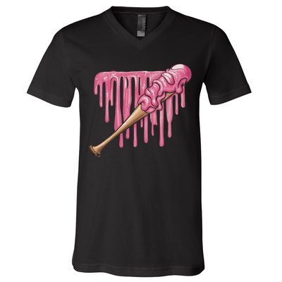 Baseball Ice Cream Baseball Bat With Sprinkles Drip V-Neck T-Shirt